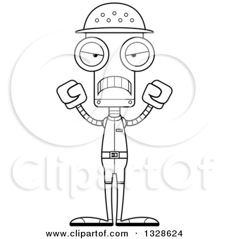 Lineart Clipart of a Cartoon Black and White Skinny Mad Zookeeper Robot - Royalty Free Outline Vector Illustration by Cory Thoman