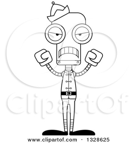 Lineart Clipart of a Cartoon Black and White Skinny Mad Robot Christmas Elf - Royalty Free Outline Vector Illustration by Cory Thoman