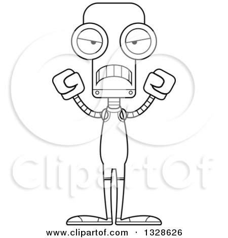 Lineart Clipart of a Cartoon Black and White Skinny Mad Robot Wrestler - Royalty Free Outline Vector Illustration by Cory Thoman