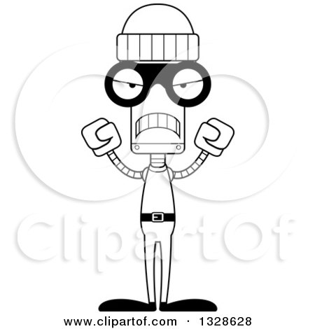 Lineart Clipart of a Cartoon Black and White Skinny Mad Robot Robber - Royalty Free Outline Vector Illustration by Cory Thoman