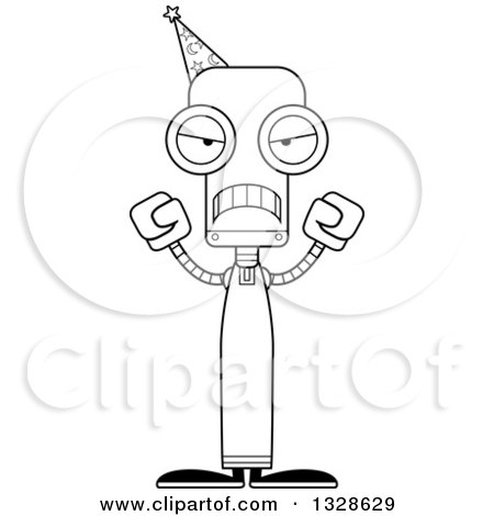 Lineart Clipart of a Cartoon Black and White Skinny Mad Wizard Robot - Royalty Free Outline Vector Illustration by Cory Thoman