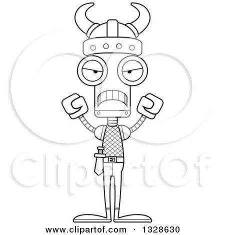 Lineart Clipart of a Cartoon Black and White Skinny Mad Viking Robot - Royalty Free Outline Vector Illustration by Cory Thoman