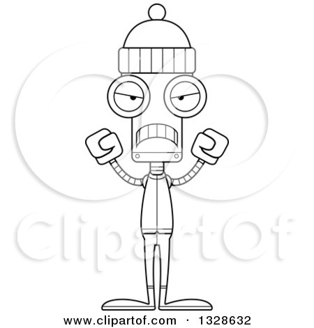 Lineart Clipart of a Cartoon Black and White Skinny Mad Winter Robot - Royalty Free Outline Vector Illustration by Cory Thoman
