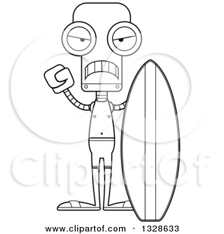 Lineart Clipart of a Cartoon Black and White Skinny Mad Robot Surfer - Royalty Free Outline Vector Illustration by Cory Thoman