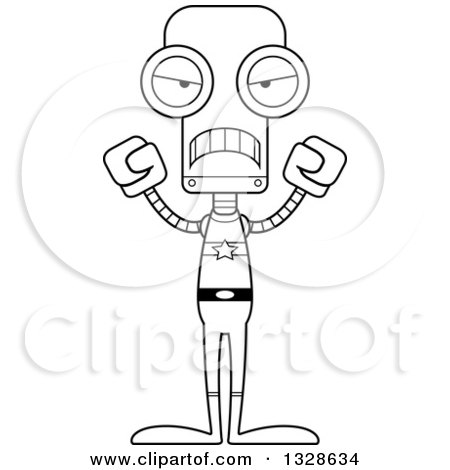 Lineart Clipart of a Cartoon Black and White Skinny Mad Super Hero Robot - Royalty Free Outline Vector Illustration by Cory Thoman
