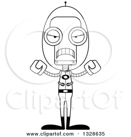 Lineart Clipart of a Cartoon Black and White Skinny Mad Futuristic Robot - Royalty Free Outline Vector Illustration by Cory Thoman