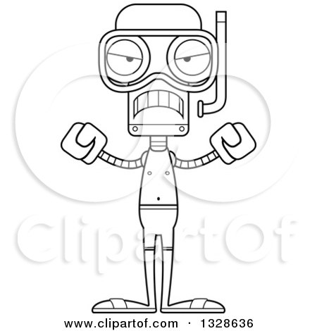 Lineart Clipart of a Cartoon Black and White Skinny Mad Robot in Snorkel Gear - Royalty Free Outline Vector Illustration by Cory Thoman