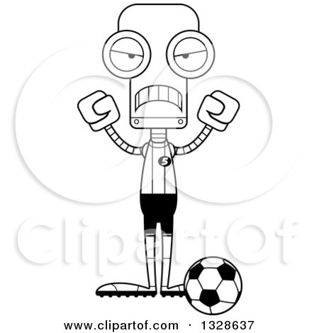 Lineart Clipart of a Cartoon Black and White Skinny Mad Robot Soccer Player - Royalty Free Outline Vector Illustration by Cory Thoman