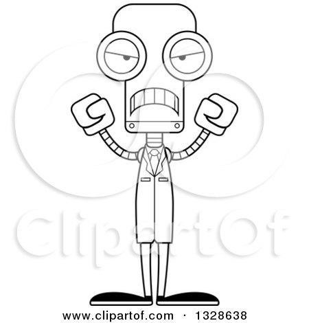 Lineart Clipart of a Cartoon Black and White Skinny Mad Robot Scientist - Royalty Free Outline Vector Illustration by Cory Thoman