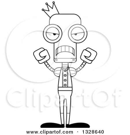 Lineart Clipart of a Cartoon Black and White Skinny Mad Robot Prince - Royalty Free Outline Vector Illustration by Cory Thoman