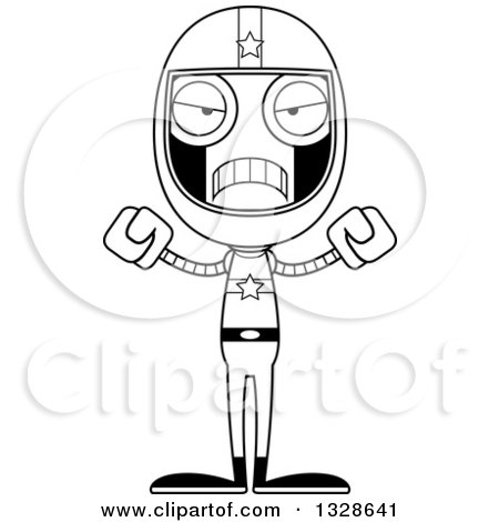 Lineart Clipart of a Cartoon Black and White Skinny Mad Robot Race Car Driver - Royalty Free Outline Vector Illustration by Cory Thoman