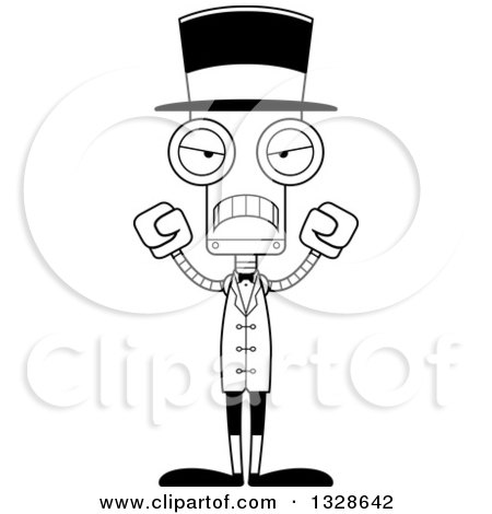 Lineart Clipart of a Cartoon Black and White Skinny Mad Robot Circus Ringmaster - Royalty Free Outline Vector Illustration by Cory Thoman