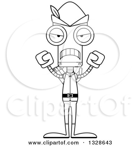 Lineart Clipart of a Cartoon Black and White Skinny Mad Robin Hood Robot - Royalty Free Outline Vector Illustration by Cory Thoman