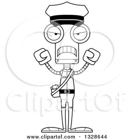 Lineart Clipart of a Cartoon Black and White Skinny Mad Robot Mailman - Royalty Free Outline Vector Illustration by Cory Thoman