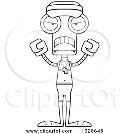 Lineart Clipart of a Cartoon Black and White Skinny Mad Robot Lifeguard - Royalty Free Outline Vector Illustration by Cory Thoman