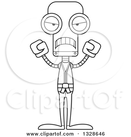 Lineart Clipart of a Cartoon Black and White Skinny Mad Karate Robot - Royalty Free Outline Vector Illustration by Cory Thoman
