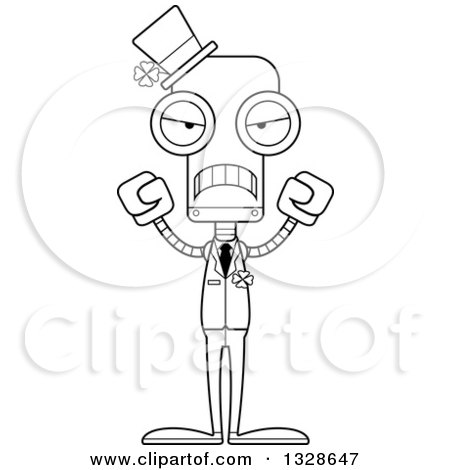 Lineart Clipart of a Cartoon Black and White Skinny Mad St Patricks Day Robot - Royalty Free Outline Vector Illustration by Cory Thoman