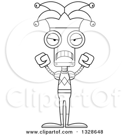 Lineart Clipart of a Cartoon Black and White Skinny Mad Robot Jester - Royalty Free Outline Vector Illustration by Cory Thoman