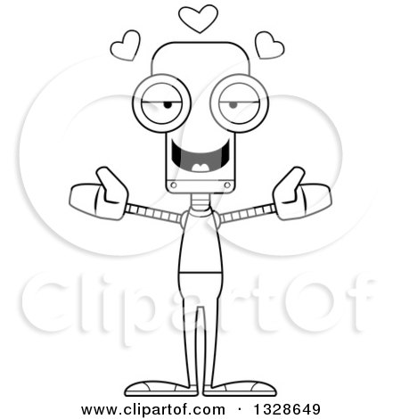 Lineart Clipart of a Cartoon Black and White Skinny Casual Robot with Open Arms and Hearts - Royalty Free Outline Vector Illustration by Cory Thoman