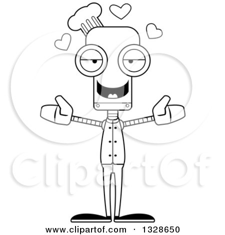 Lineart Clipart of a Cartoon Black and White Skinny Chef Robot with Open Arms and Hearts - Royalty Free Outline Vector Illustration by Cory Thoman