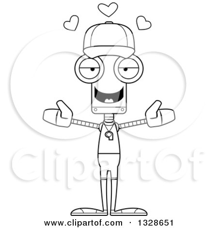 Lineart Clipart of a Cartoon Black and White Skinny Sports Coach Robot with Open Arms and Hearts - Royalty Free Outline Vector Illustration by Cory Thoman