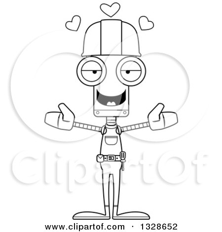Lineart Clipart of a Cartoon Black and White Skinny Construction Worker Robot with Open Arms and Hearts - Royalty Free Outline Vector Illustration by Cory Thoman