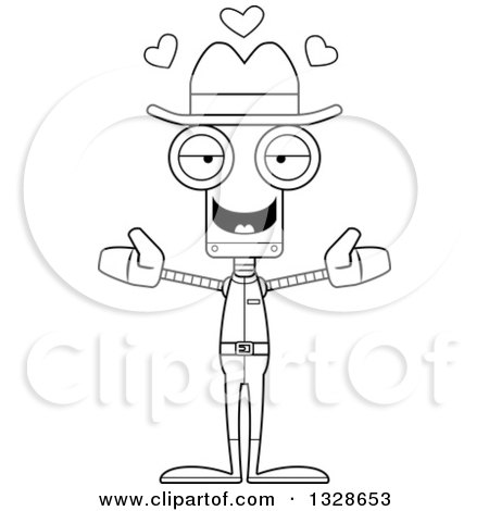 Lineart Clipart of a Cartoon Black and White Skinny Cowboy Robot with Open Arms and Hearts - Royalty Free Outline Vector Illustration by Cory Thoman