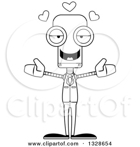 Lineart Clipart of a Cartoon Black and White Skinny Business Robot with Open Arms and Hearts - Royalty Free Outline Vector Illustration by Cory Thoman