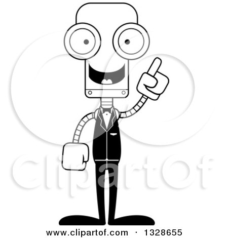 Lineart Clipart of a Cartoon Black and White Skinny Groom Robot with an Idea - Royalty Free Outline Vector Illustration by Cory Thoman