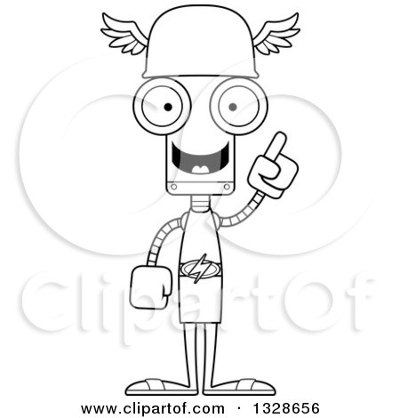 Lineart Clipart of a Cartoon Black and White Skinny Hermes Robot with an Idea - Royalty Free Outline Vector Illustration by Cory Thoman