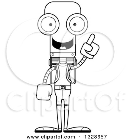 Lineart Clipart of a Cartoon Black and White Skinny Hiker Robot with an Idea - Royalty Free Outline Vector Illustration by Cory Thoman