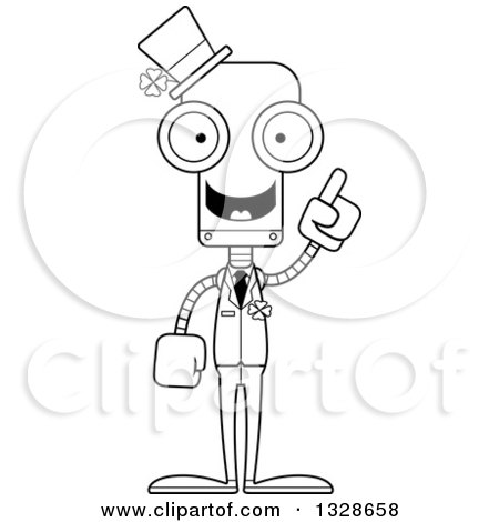 Lineart Clipart of a Cartoon Black and White Skinny Irish St Patricks Day Robot with an Idea - Royalty Free Outline Vector Illustration by Cory Thoman