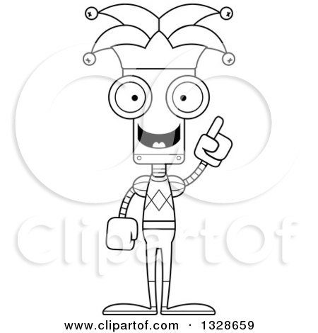 Lineart Clipart of a Cartoon Black and White Skinny Jester Robot with an Idea - Royalty Free Outline Vector Illustration by Cory Thoman