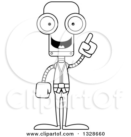 Lineart Clipart of a Cartoon Black and White Skinny Karate Robot with an Idea - Royalty Free Outline Vector Illustration by Cory Thoman