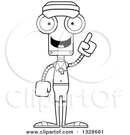 Lineart Clipart of a Cartoon Black and White Skinny Robot Lifeguard with an Idea - Royalty Free Outline Vector Illustration by Cory Thoman