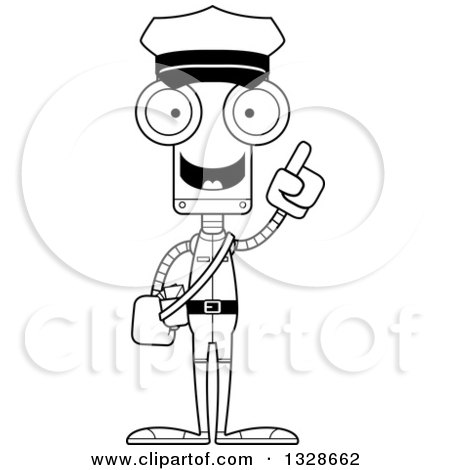Lineart Clipart of a Cartoon Black and White Skinny Robot Mailman with an Idea - Royalty Free Outline Vector Illustration by Cory Thoman