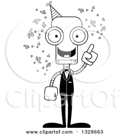 Lineart Clipart of a Cartoon Black and White Skinny Party Robot with an Idea - Royalty Free Outline Vector Illustration by Cory Thoman