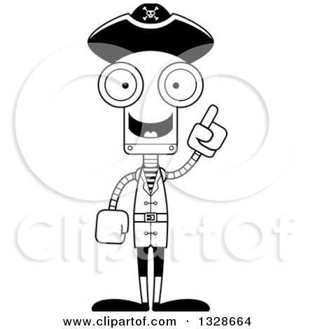 Lineart Clipart of a Cartoon Black and White Skinny Pirate Robot with an Idea - Royalty Free Outline Vector Illustration by Cory Thoman