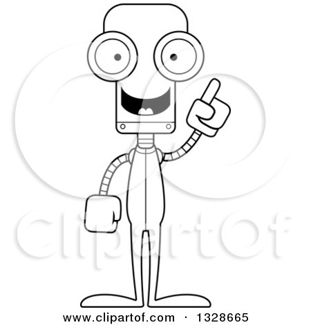 Lineart Clipart of a Cartoon Black and White Skinny Robot in Pajamas, with an Idea - Royalty Free Outline Vector Illustration by Cory Thoman