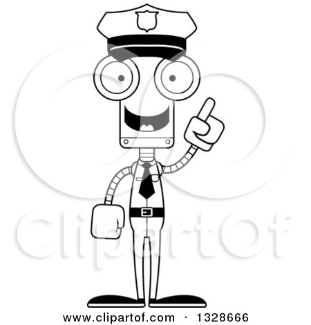 Lineart Clipart of a Cartoon Black and White Skinny Robot Police Officer with an Idea - Royalty Free Outline Vector Illustration by Cory Thoman