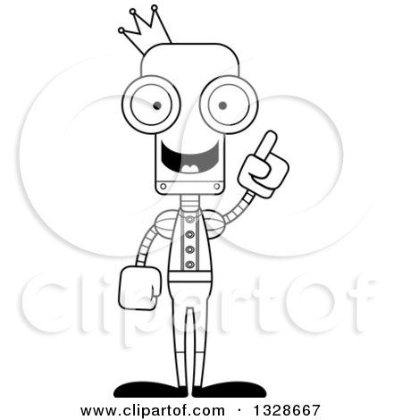 Lineart Clipart of a Cartoon Black and White Skinny Robot Prince with an Idea - Royalty Free Outline Vector Illustration by Cory Thoman