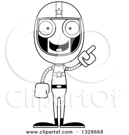 Lineart Clipart of a Cartoon Black and White Skinny Robot Race Car Driver with an Idea - Royalty Free Outline Vector Illustration by Cory Thoman