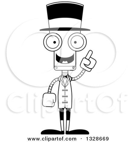 Lineart Clipart of a Cartoon Black and White Skinny Robot Circus Ringmaster with an Idea - Royalty Free Outline Vector Illustration by Cory Thoman