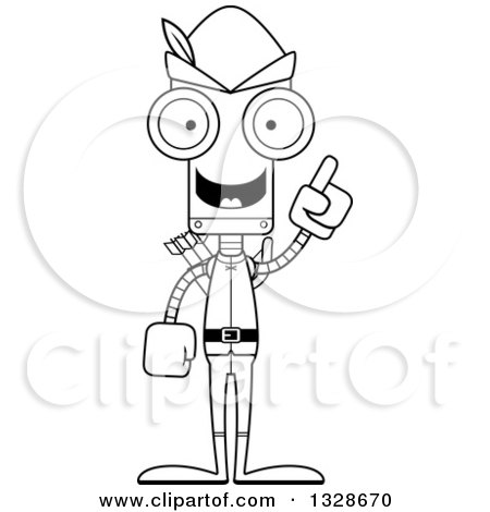 Lineart Clipart of a Cartoon Black and White Skinny Robot with an Idea - Royalty Free Outline Vector Illustration by Cory Thoman