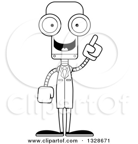Lineart Clipart of a Cartoon Black and White Skinny Robot Scientist with an Idea - Royalty Free Outline Vector Illustration by Cory Thoman