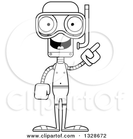 Lineart Clipart of a Cartoon Black and White Skinny Robot in Snorkel Gear, with an Idea - Royalty Free Outline Vector Illustration by Cory Thoman