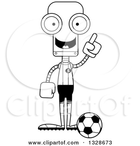 Lineart Clipart of a Cartoon Black and White Skinny Robot Soccer Player with an Idea - Royalty Free Outline Vector Illustration by Cory Thoman