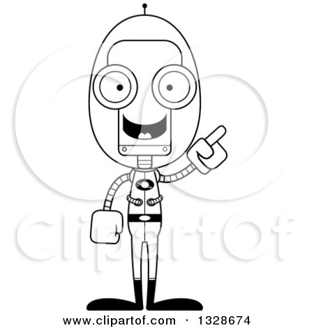 Lineart Clipart of a Cartoon Black and White Skinny Futuristic Space Robot with an Idea - Royalty Free Outline Vector Illustration by Cory Thoman