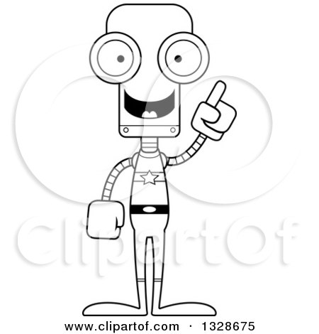 Lineart Clipart of a Cartoon Black and White Skinny Super Hero Robot with an Idea - Royalty Free Outline Vector Illustration by Cory Thoman