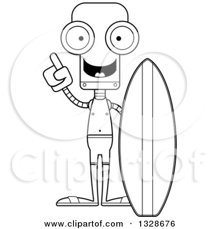 Lineart Clipart of a Cartoon Black and White Skinny Robot Surfer with an Idea - Royalty Free Outline Vector Illustration by Cory Thoman